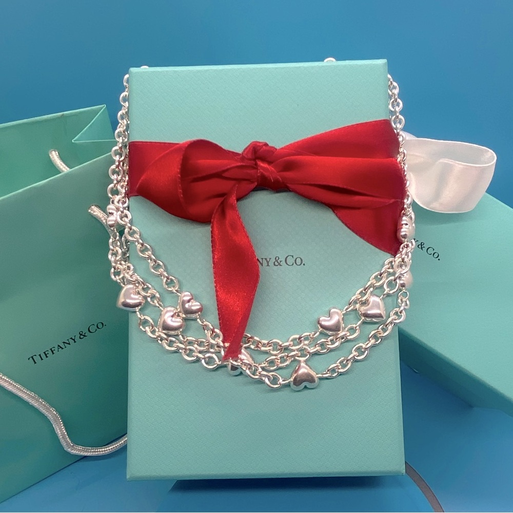 Tiffany & Co 3 Multi Strand Chain Puffed Heart Toggle Necklace